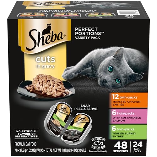 SHEBA Perfect Portions Cuts in Gravy Wet Cat Food Trays (24 Count, 48 Servings), Roasted Chicken, Gourmet Salmon and Tender Turkey Entrée Variety Pack, Easy Peel Twin-Pack Trays