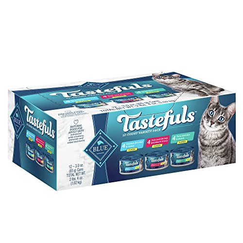 Blue Buffalo Tastefuls Flaked Wet Cat Food Variety Pack, Made with Natural Ingredients, Tuna, Chicken, Fish & Shrimp, 3-oz Cans (12 Count, 4 of Each)